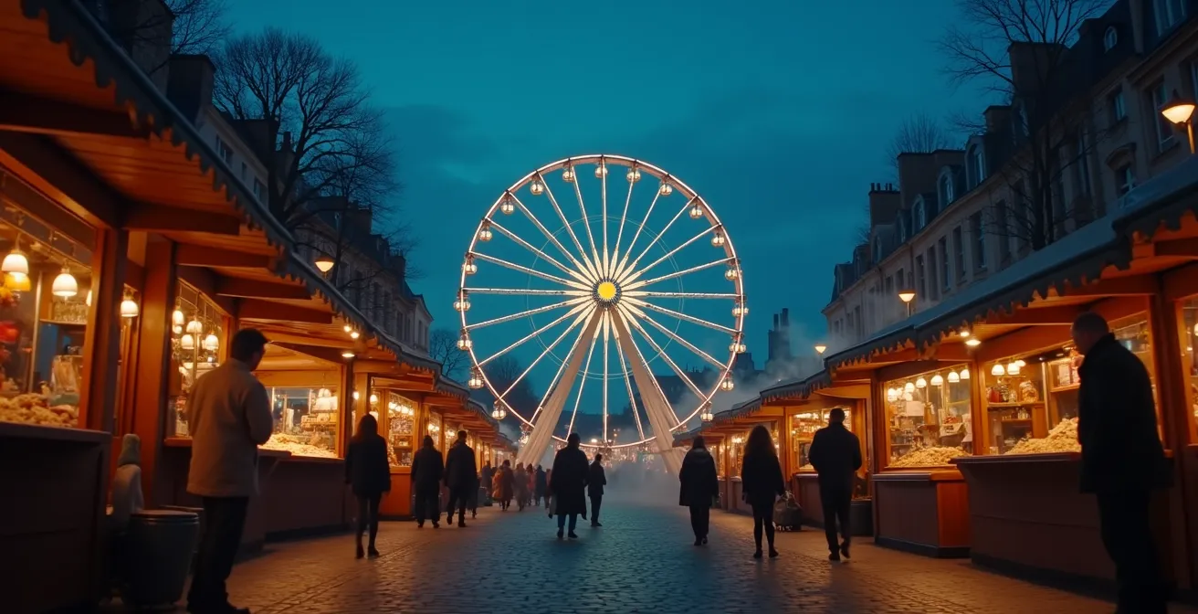 Vue environnementale du marché de Noël des Tuileries avec grande roue illuminée et chalets en bois sous le ciel nocturne
