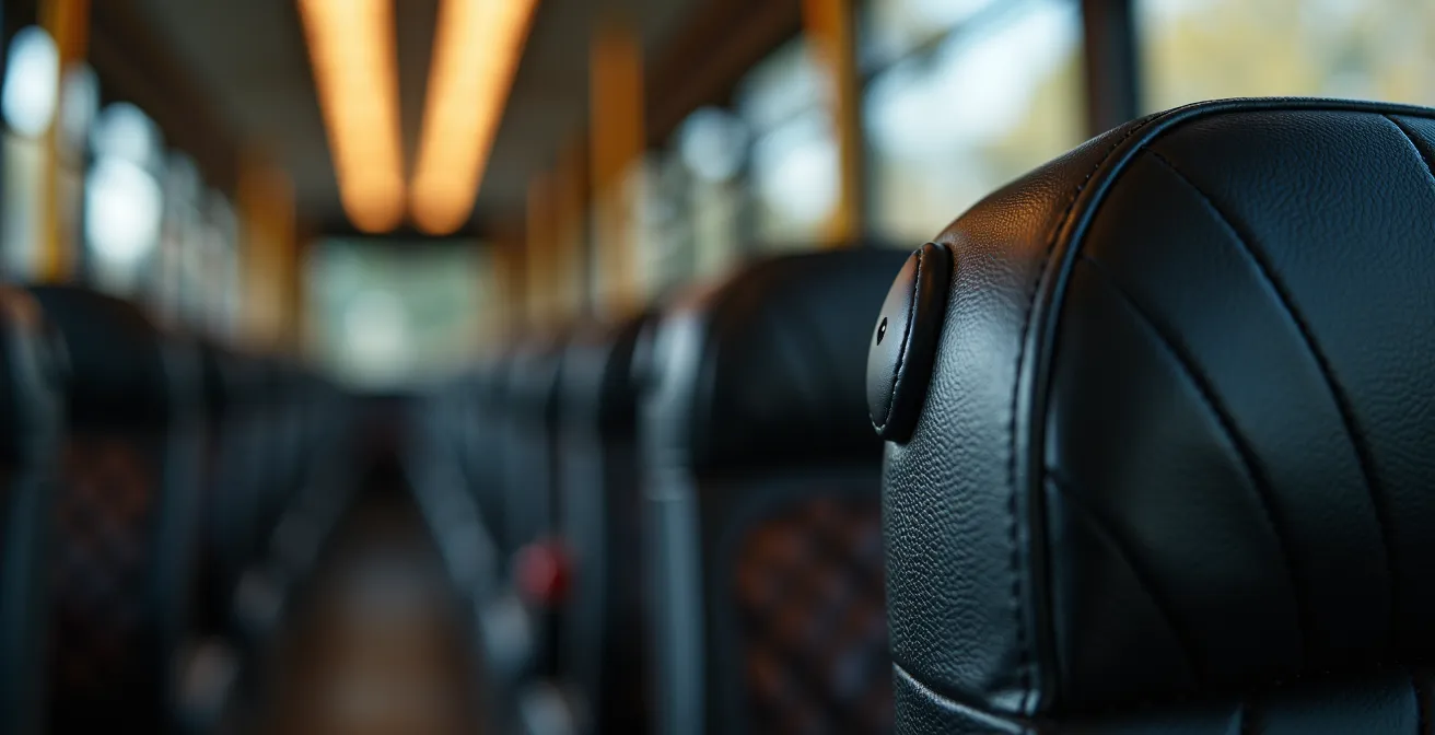 Gros plan sur les sièges et équipements d'un bus touristique