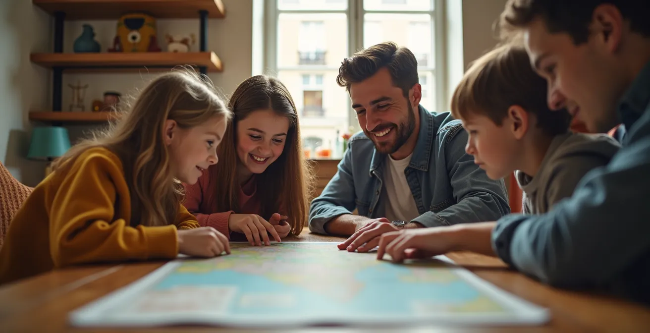 Famille consultant une carte touristique de Paris autour d'une table