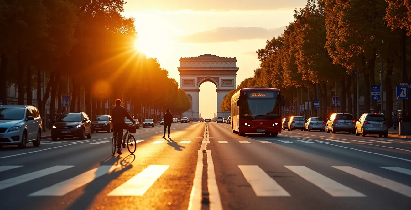 Vue symbolique montrant différents modes de transport parisiens en harmonie