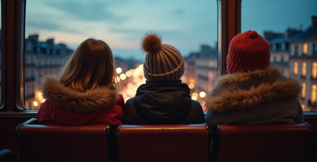 Silhouettes de visiteurs admirant Paris depuis l'étage supérieur d'un bus panoramique au crépuscule
