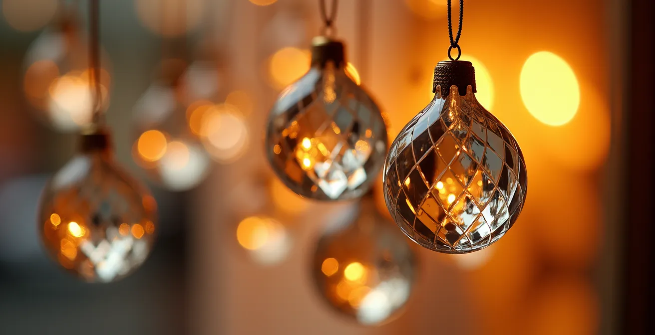 Détail macro des cristaux décoratifs suspendus reflétant les lumières dorées de la Place Vendôme
